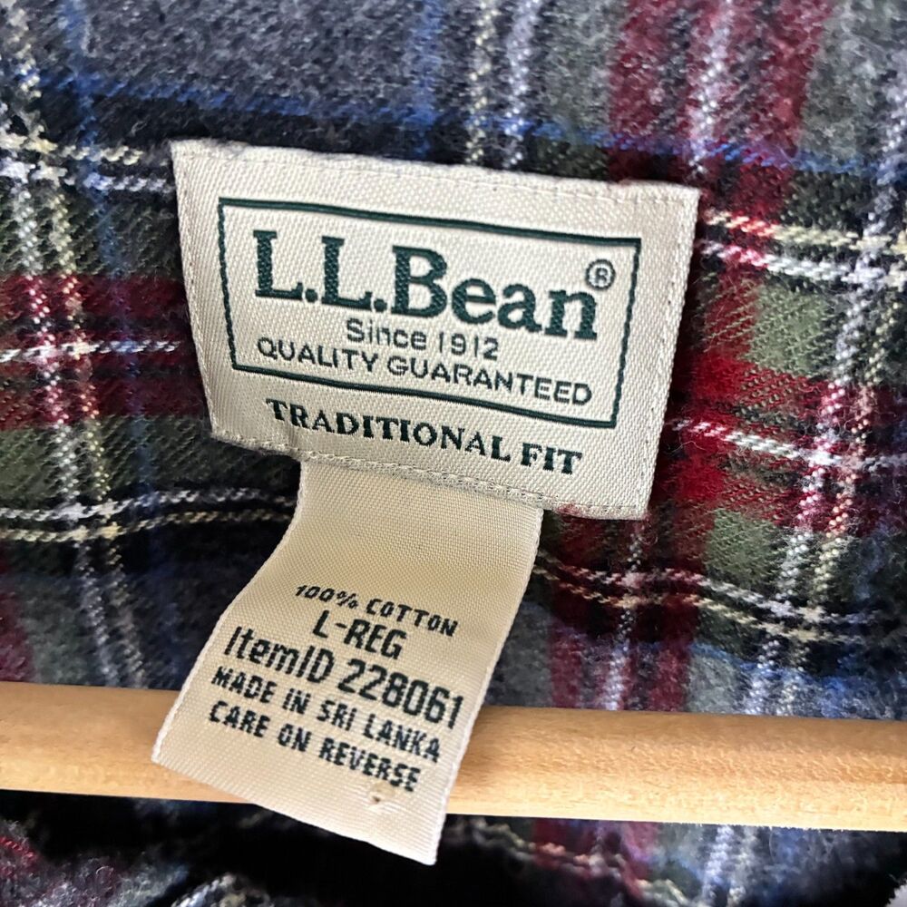 LL Bean Scotch Plaid Flannel Button Down Grey Stewart Men's Large